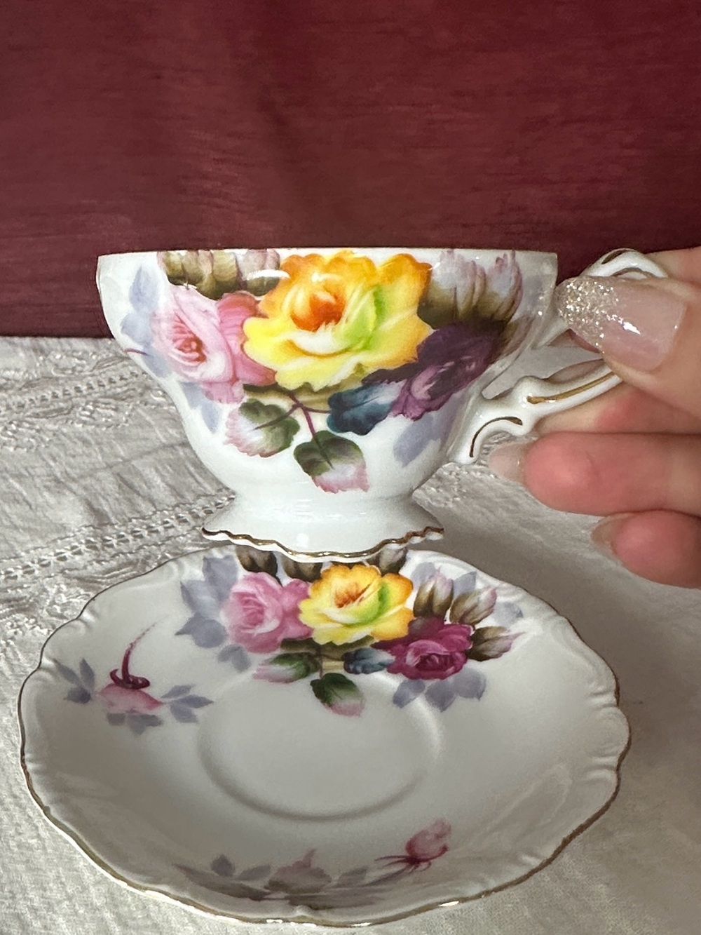 Vintage SAJI Occupied Japan Handpainted Rose Teacup & Saucer 🌹💛